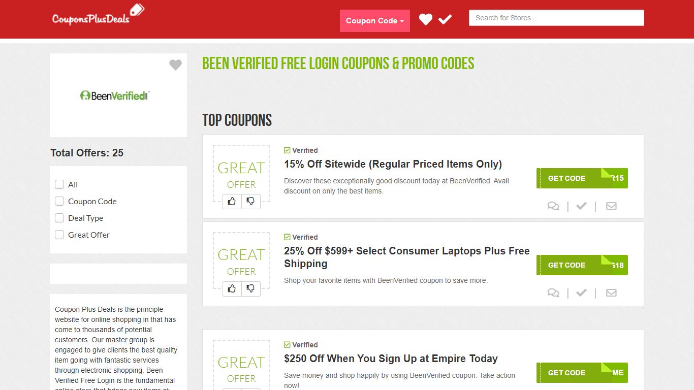 Been Verified Free Login Coupons & Promo codes - CouponsPlusDeals.com